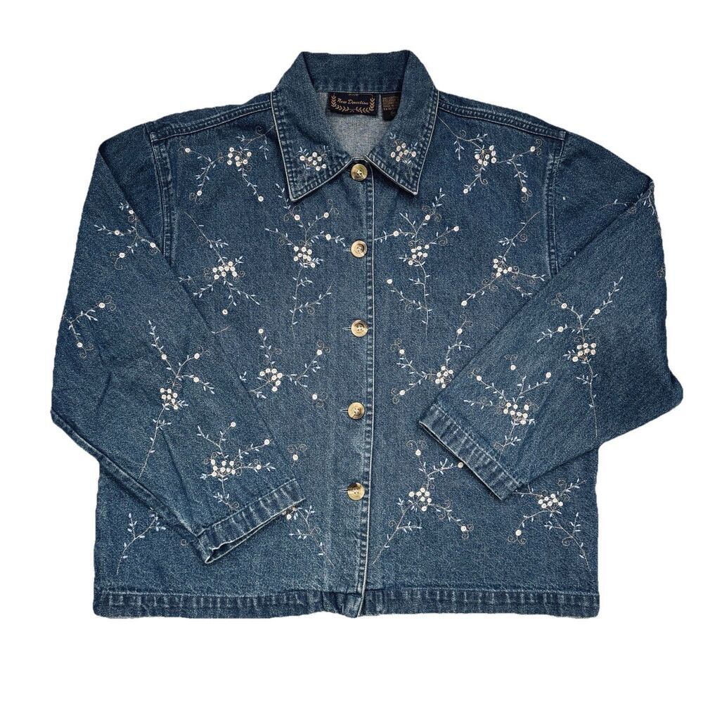 New Direction Denim Shacket Jacket M Blue Embroidered Button 3/4 Sleeve Womens